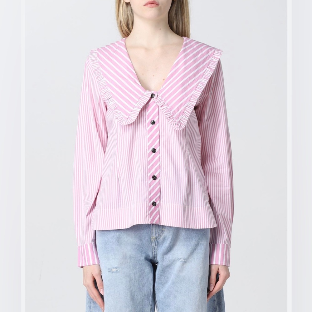 Ganni Moonlight Mauve Stripe Cotton Frill Collar Shirt, size 40.